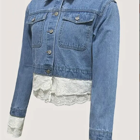 Women's Blue Jean Jacket with White Lace Trim - Picture 2 of 3